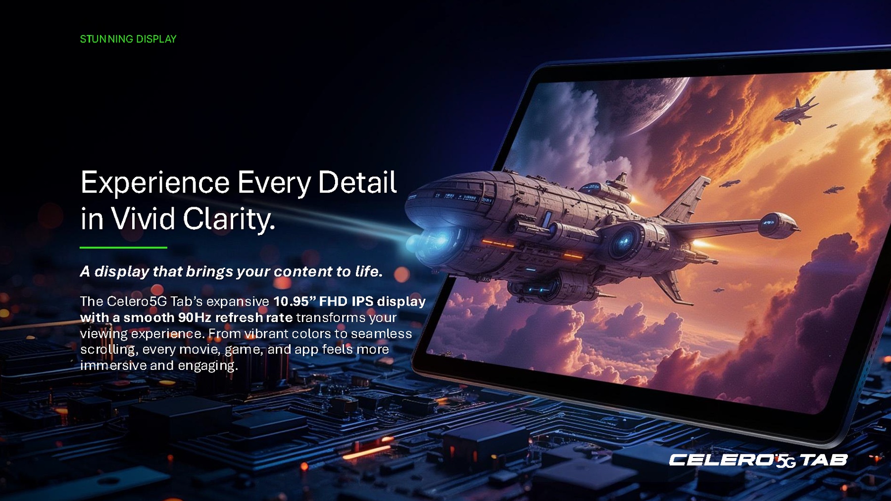 Tablet display concept with cinematic spacecraft artwork