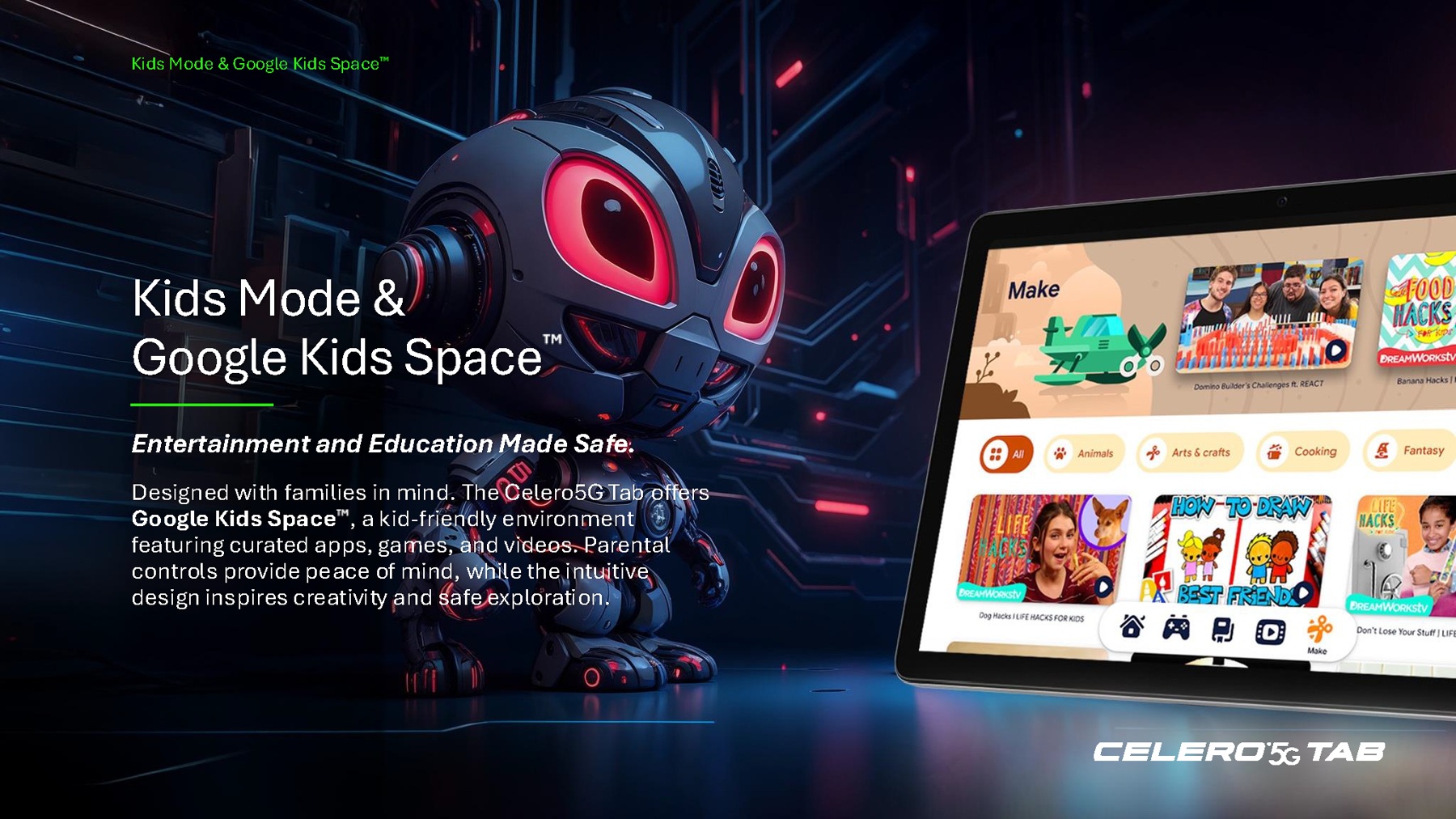 Tablet entertainment concept with a colorful robot character
